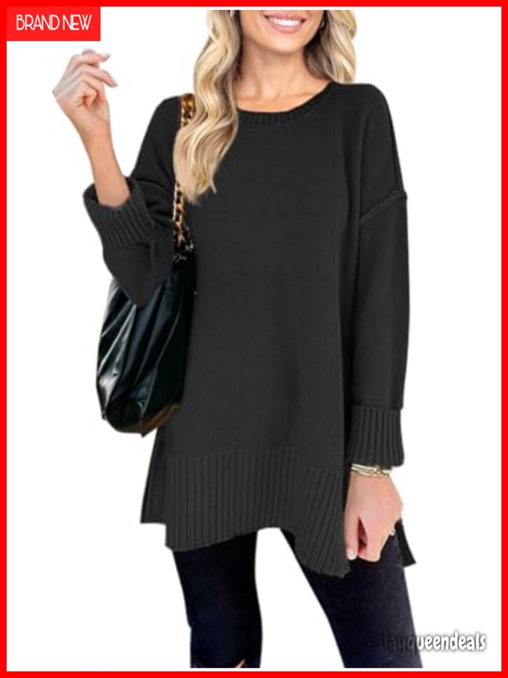 Oversized Tunic Sweater Pullover Drop Shoulder Side Split Ribbed Trim Crew Neck